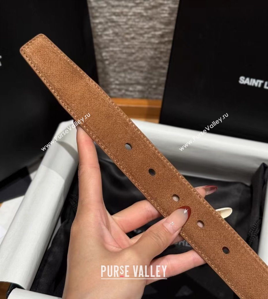 Saint Laurent Cassandre Belt 3cm in Suede and Leather Taupe 2025 YSL26010401 (99-260104097)