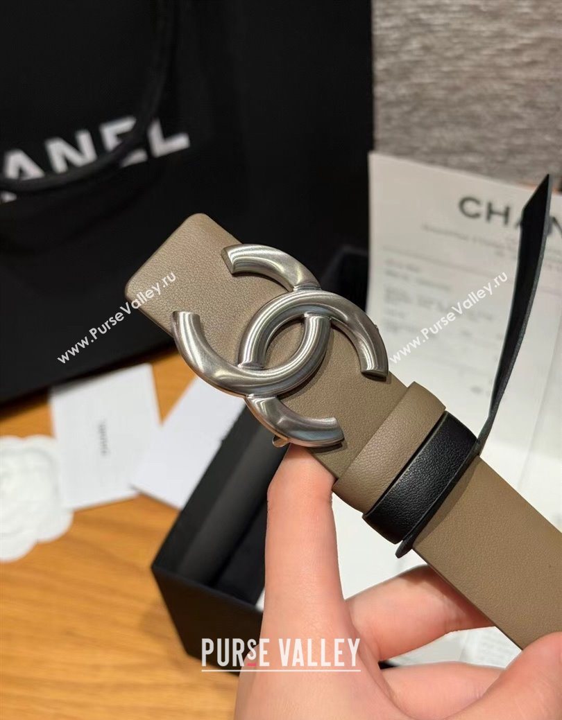 Chanel Calfskin Leather Reversible Belt 3cm with CC Buckle Grey/Silver 2025 1231 (99-251231117)