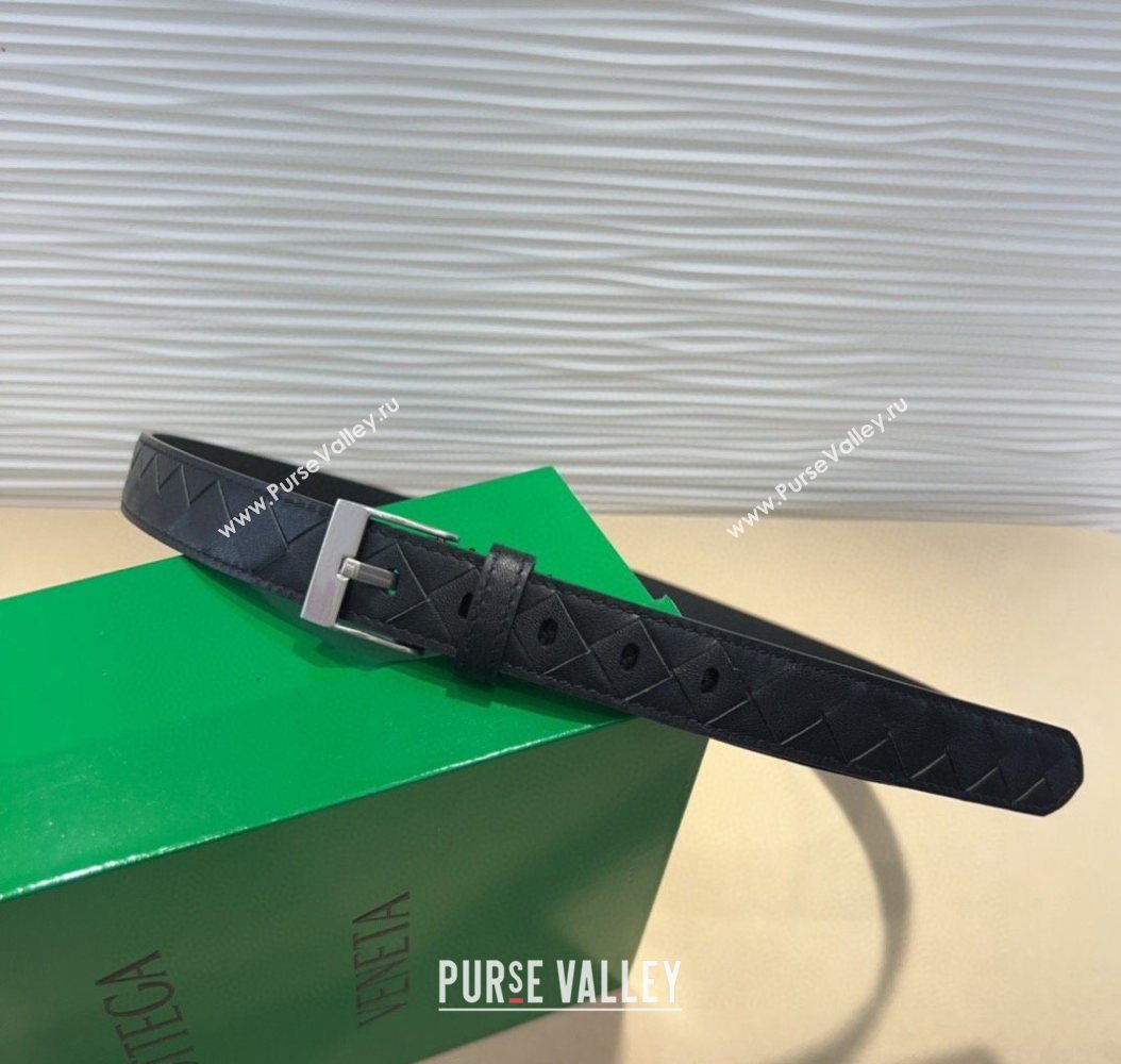 Bottega Veneta Intrecciato Leather Belt 2cm with Pin Buckle Black/Silver 2025 BV26010404 (99-260104079)