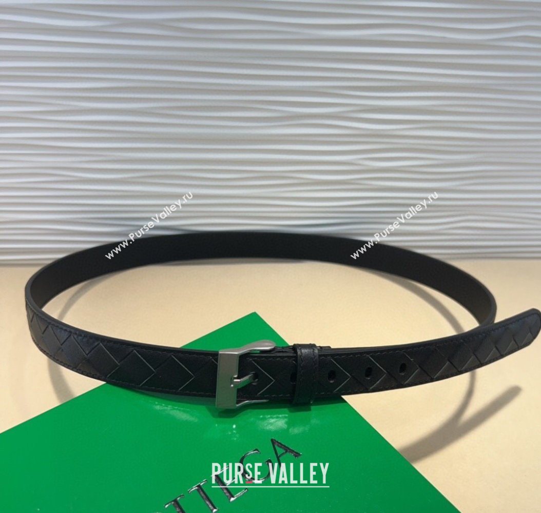 Bottega Veneta Intrecciato Leather Belt 2cm with Pin Buckle Black/Silver 2025 BV26010404 (99-260104079)