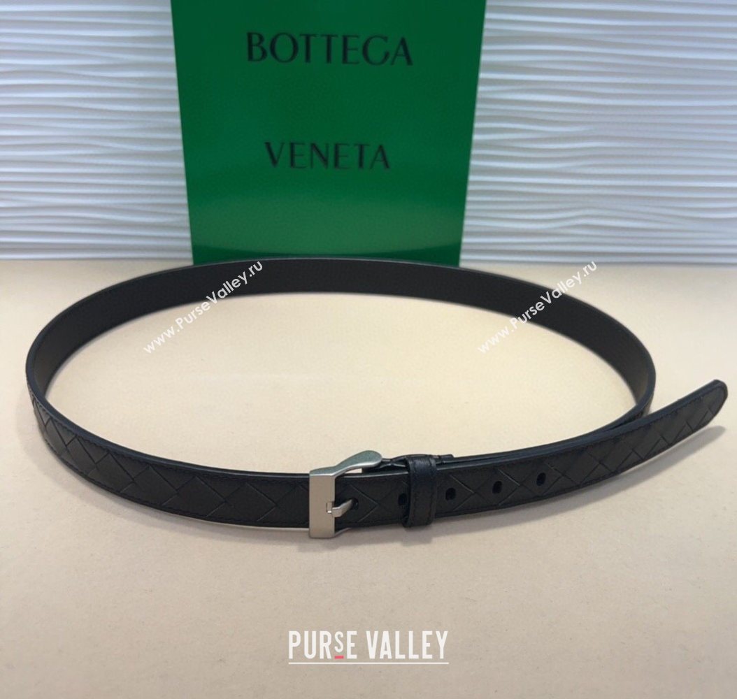Bottega Veneta Intrecciato Leather Belt 2cm with Pin Buckle Black/Silver 2025 BV26010404 (99-260104079)