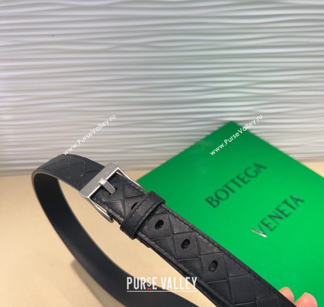 Bottega Veneta Intrecciato Leather Belt 2cm with Pin Buckle Black/Silver 2025 BV26010404 (99-260104079)