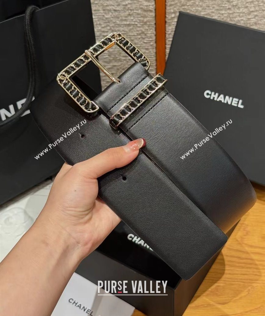 Chanel Calfskin Leather Wide Belt 5.5cm with Chain Pin Buckle Black/Gold 2025 1231 (99-251231130)