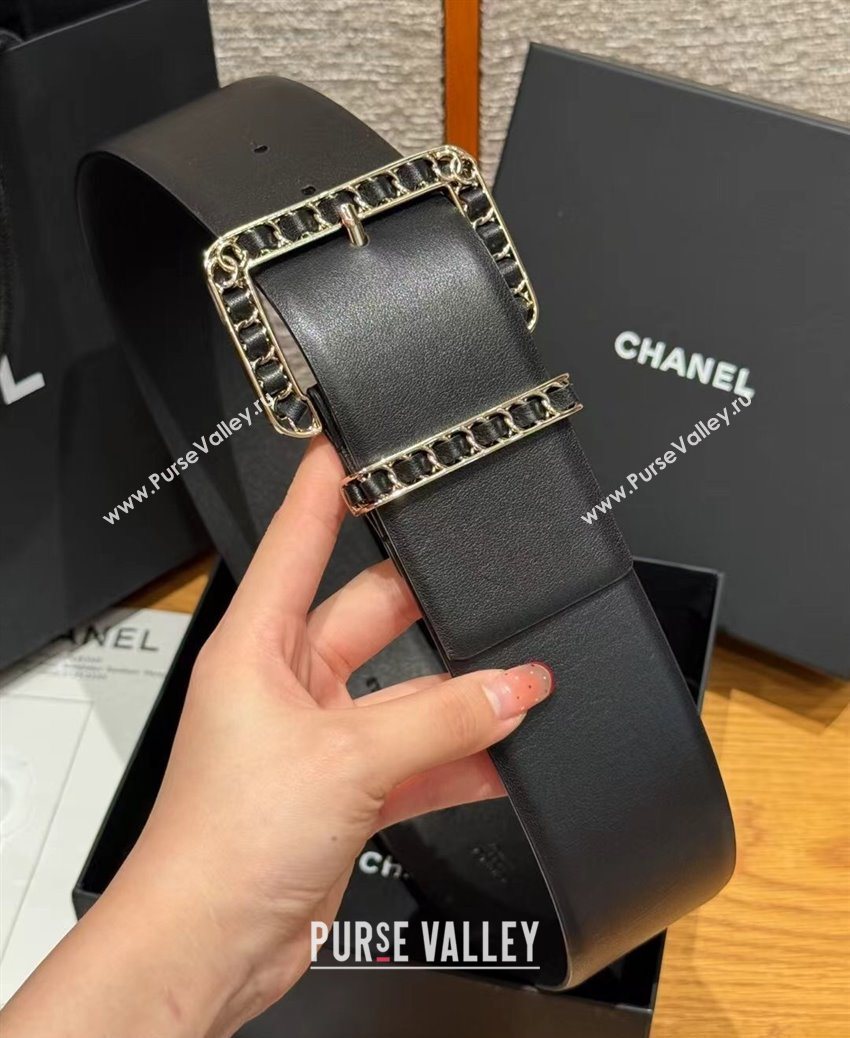 Chanel Calfskin Leather Wide Belt 5.5cm with Chain Pin Buckle Black/Gold 2025 1231 (99-251231130)
