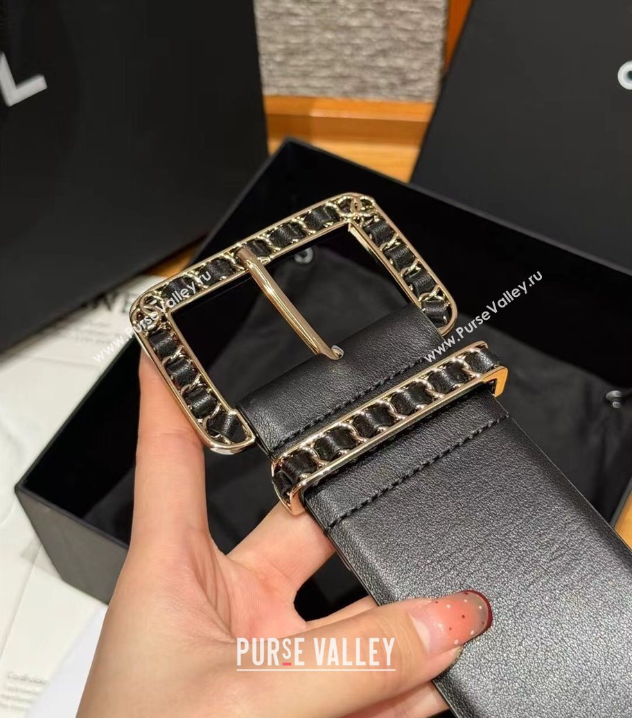 Chanel Calfskin Leather Wide Belt 5.5cm with Chain Pin Buckle Black/Gold 2025 1231 (99-251231130)