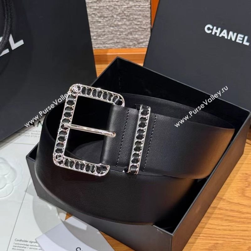 Chanel Calfskin Leather Wide Belt 5.5cm with Chain Pin Buckle Black/Silver 2025 1231 (99-251231131)