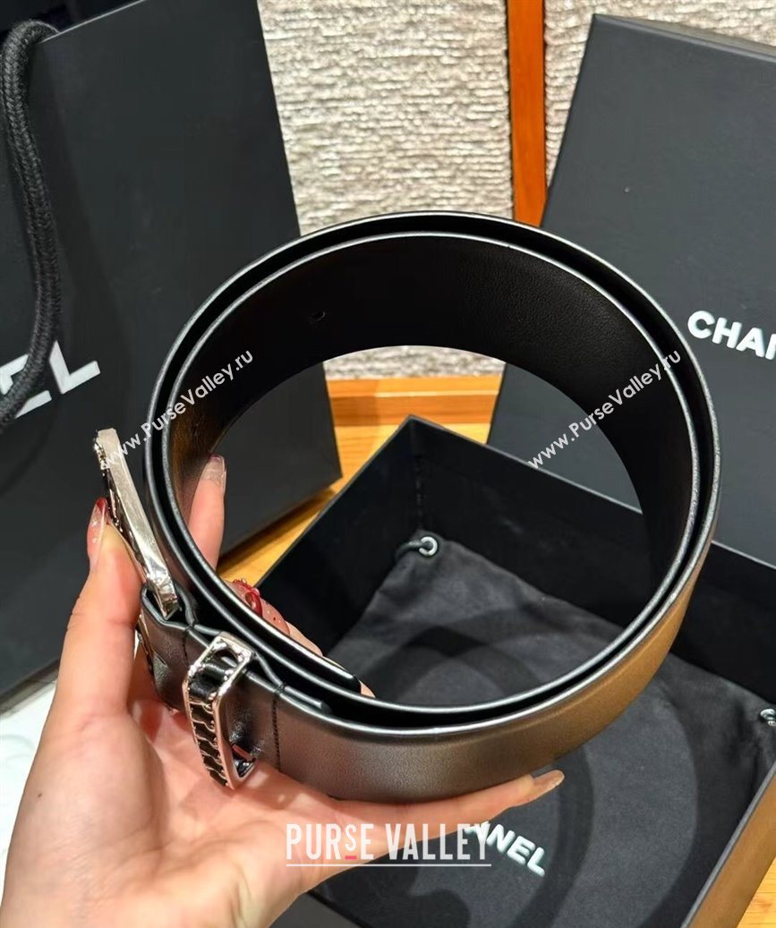 Chanel Calfskin Leather Wide Belt 5.5cm with Chain Pin Buckle Black/Silver 2025 1231 (99-251231131)
