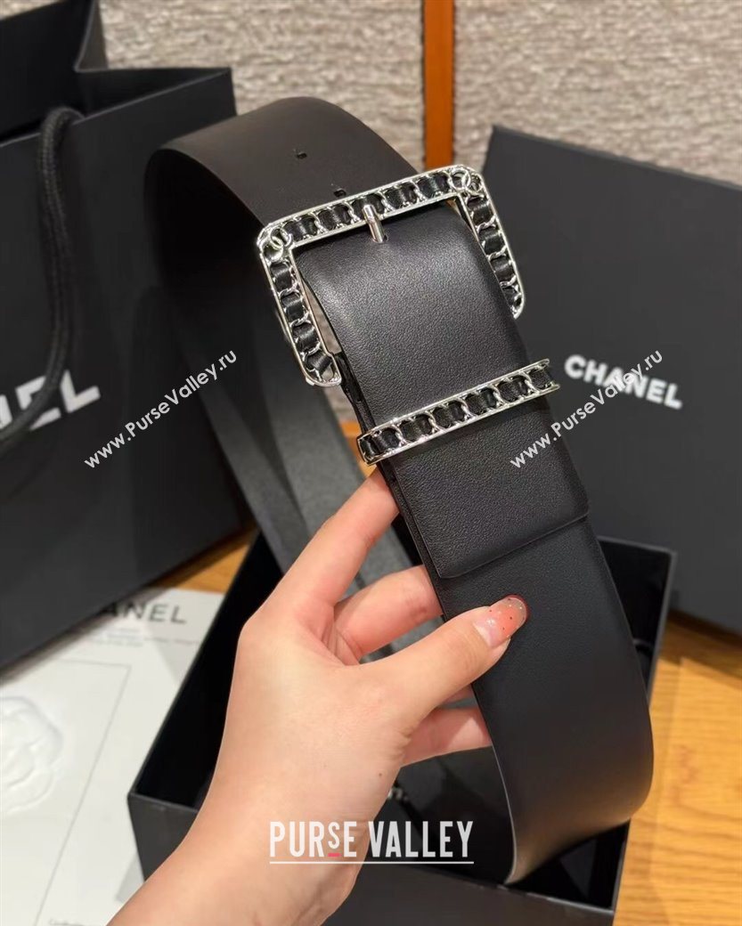 Chanel Calfskin Leather Wide Belt 5.5cm with Chain Pin Buckle Black/Silver 2025 1231 (99-251231131)