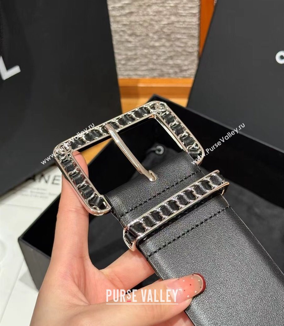 Chanel Calfskin Leather Wide Belt 5.5cm with Chain Pin Buckle Black/Silver 2025 1231 (99-251231131)
