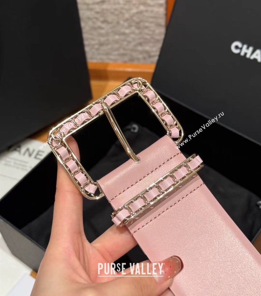 Chanel Calfskin Leather Wide Belt 5.5cm with Chain Pin Buckle Pink/Gold 2025 1231 (99-251231132)