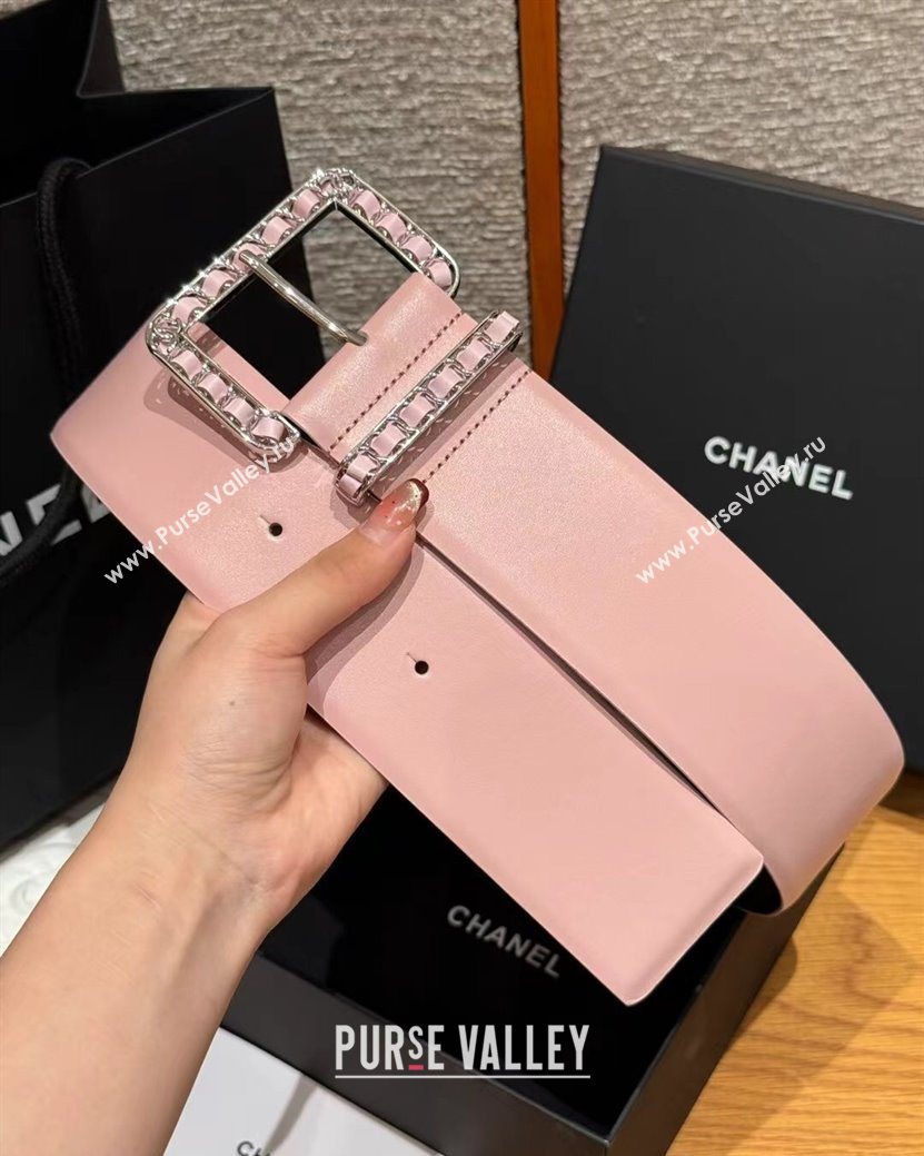 Chanel Calfskin Leather Wide Belt 5.5cm with Chain Pin Buckle Pink/Silver 2025 1231 (99-251231133)