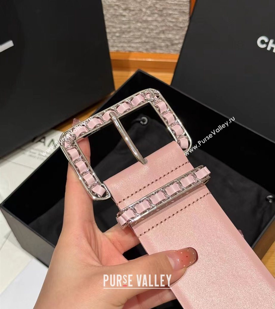 Chanel Calfskin Leather Wide Belt 5.5cm with Chain Pin Buckle Pink/Silver 2025 1231 (99-251231133)