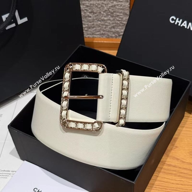 Chanel Calfskin Leather Wide Belt 5.5cm with Chain Pin Buckle White/Gold 2025 1231 (99-251231134)