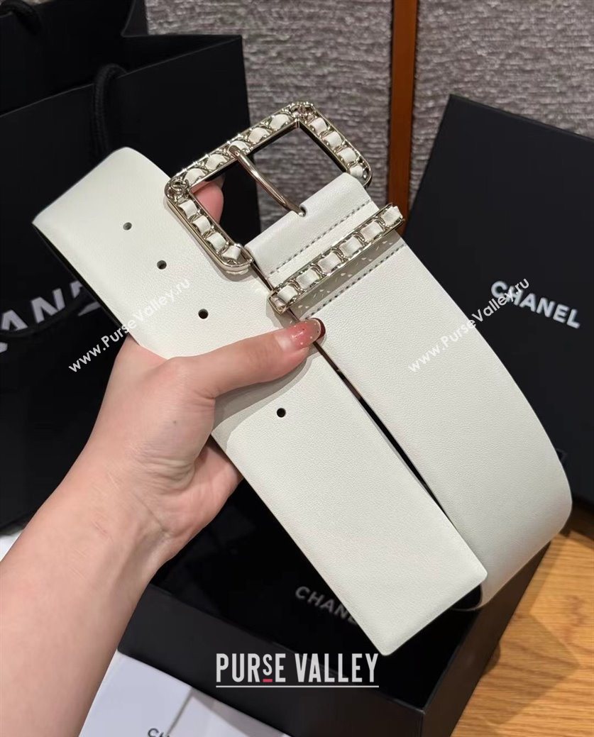 Chanel Calfskin Leather Wide Belt 5.5cm with Chain Pin Buckle White/Gold 2025 1231 (99-251231134)