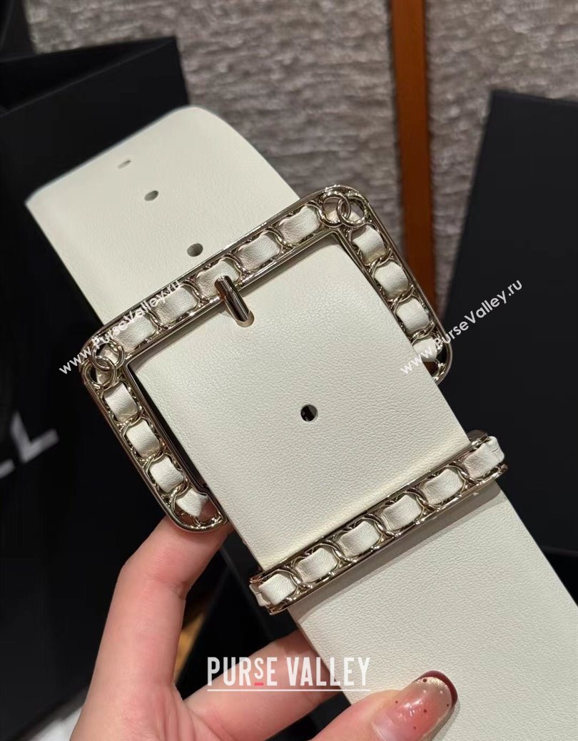 Chanel Calfskin Leather Wide Belt 5.5cm with Chain Pin Buckle White/Gold 2025 1231 (99-251231134)