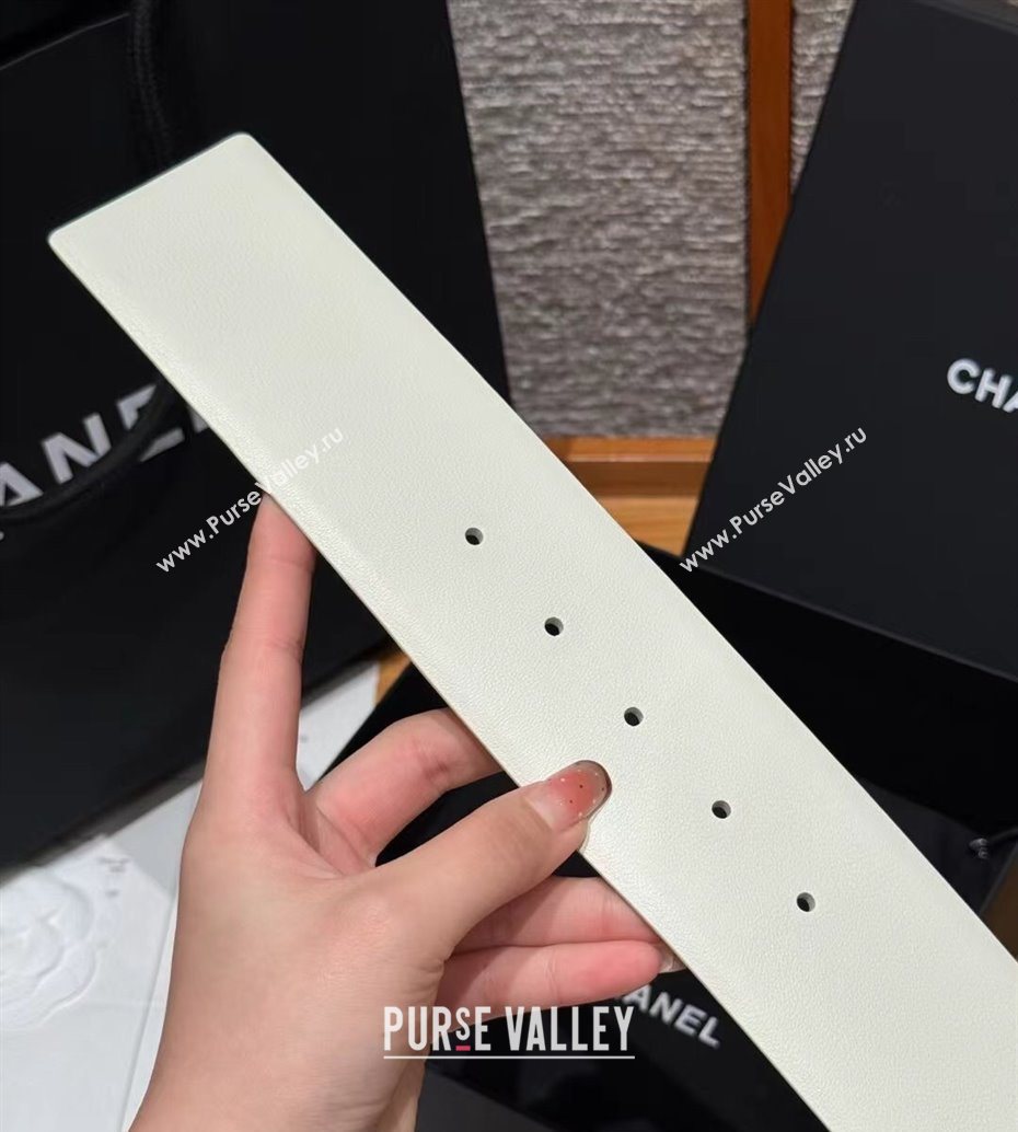 Chanel Calfskin Leather Wide Belt 5.5cm with Chain Pin Buckle White/Gold 2025 1231 (99-251231134)