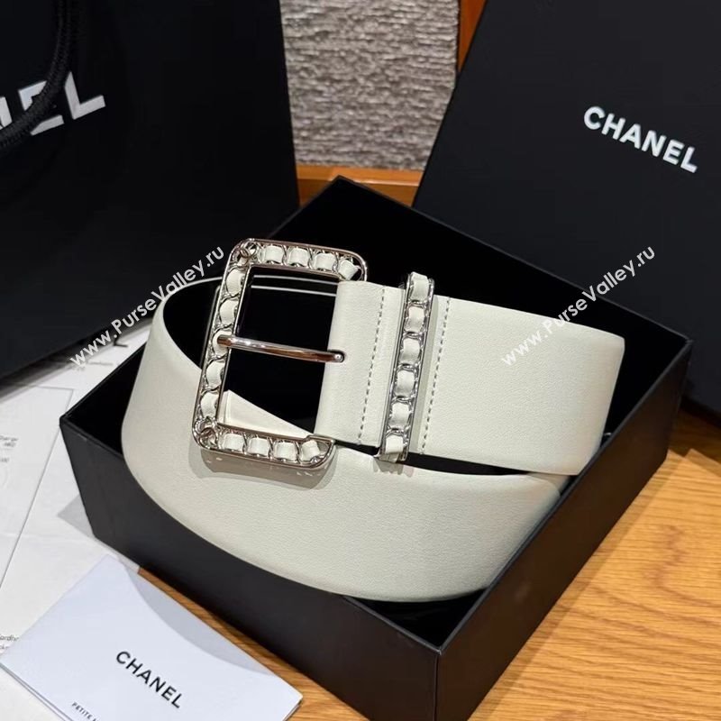 Chanel Calfskin Leather Wide Belt 5.5cm with Chain Pin Buckle White/Silver 2025 1231 (99-251231135)
