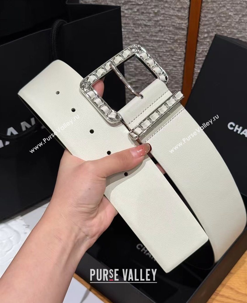 Chanel Calfskin Leather Wide Belt 5.5cm with Chain Pin Buckle White/Silver 2025 1231 (99-251231135)