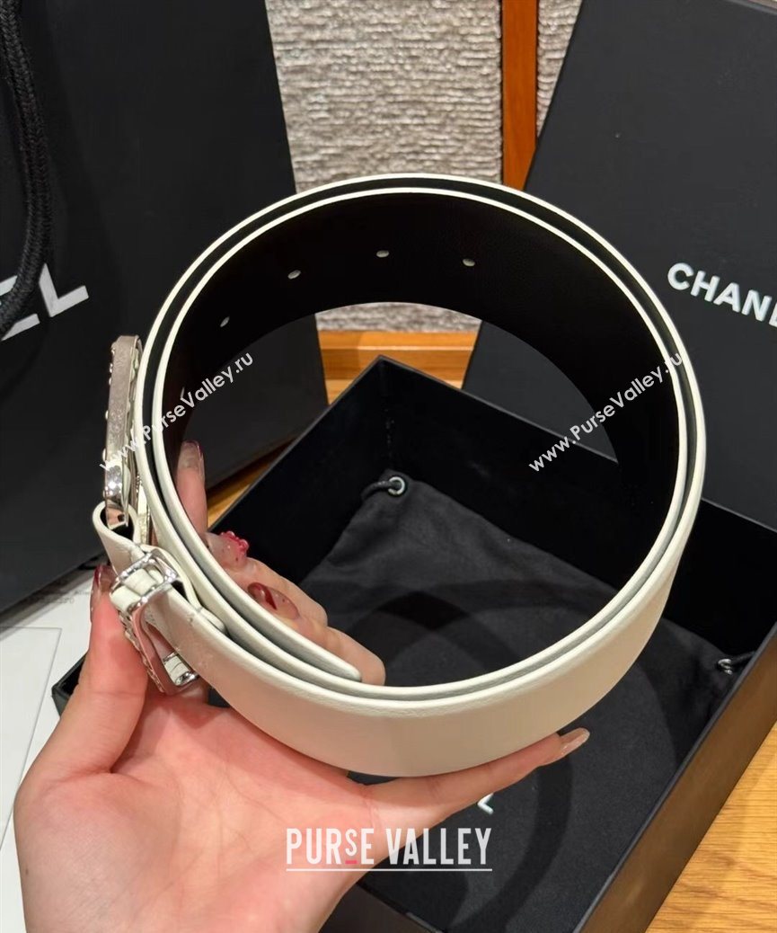 Chanel Calfskin Leather Wide Belt 5.5cm with Chain Pin Buckle White/Silver 2025 1231 (99-251231135)