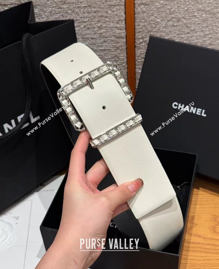 Chanel Calfskin Leather Wide Belt 5.5cm with Chain Pin Buckle White/Silver 2025 1231 (99-251231135)
