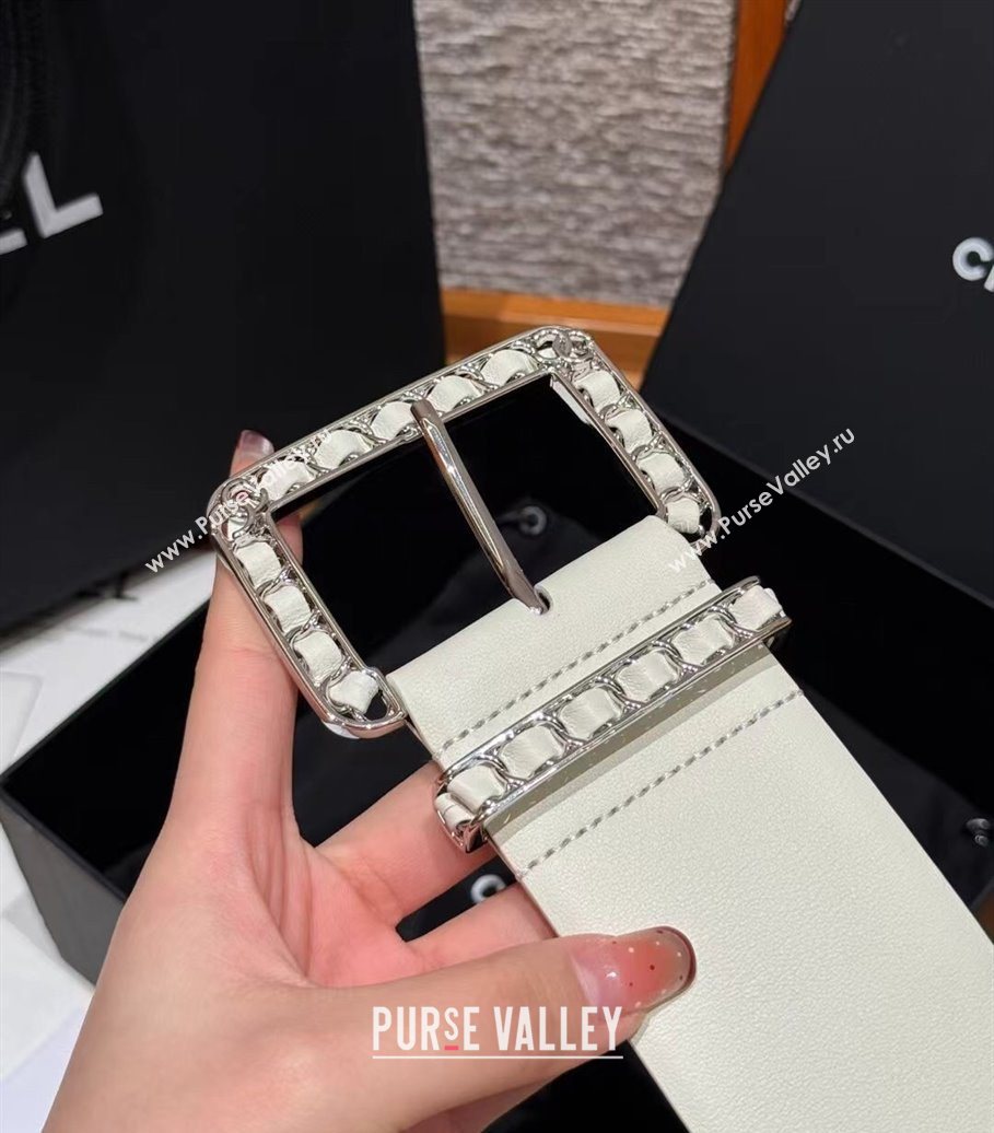 Chanel Calfskin Leather Wide Belt 5.5cm with Chain Pin Buckle White/Silver 2025 1231 (99-251231135)