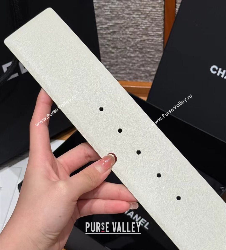 Chanel Calfskin Leather Wide Belt 5.5cm with Chain Pin Buckle White/Silver 2025 1231 (99-251231135)