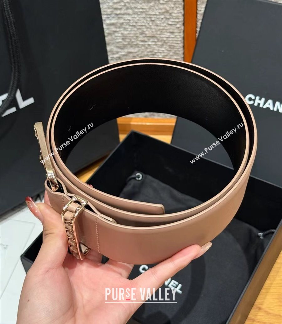 Chanel Calfskin Leather Wide Belt 5.5cm with Chain Pin Buckle Beige/Gold 2025 1231 (99-251231136)