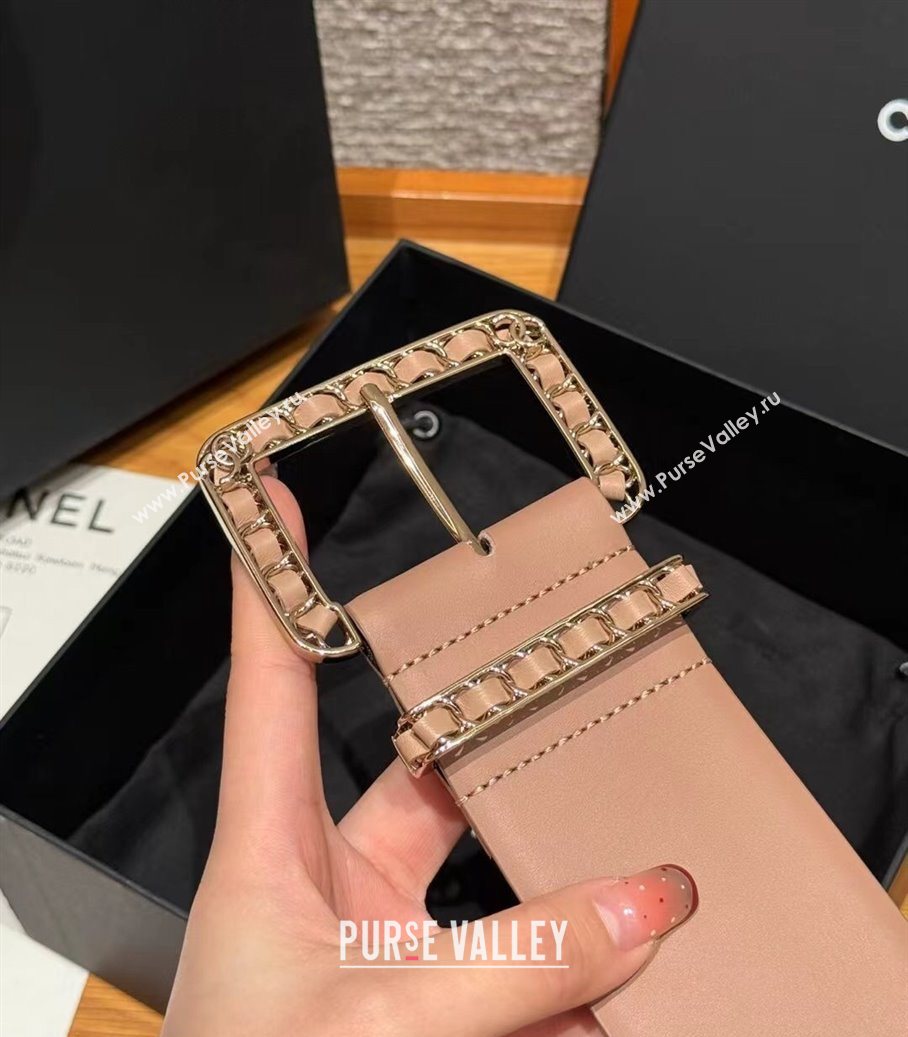 Chanel Calfskin Leather Wide Belt 5.5cm with Chain Pin Buckle Beige/Gold 2025 1231 (99-251231136)