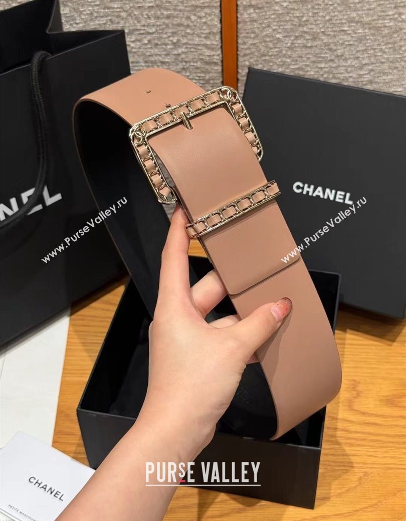 Chanel Calfskin Leather Wide Belt 5.5cm with Chain Pin Buckle Beige/Gold 2025 1231 (99-251231136)