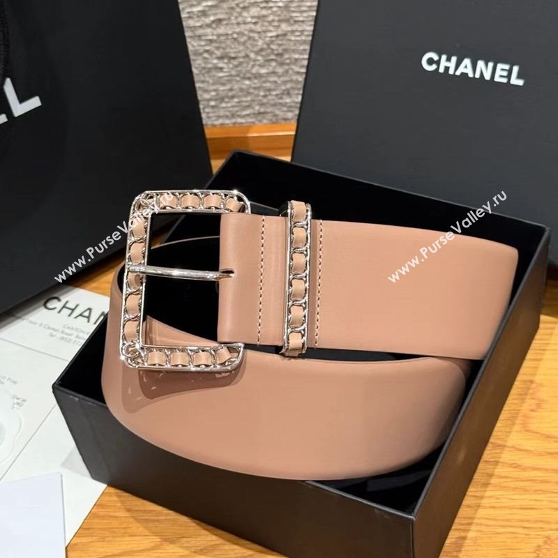 Chanel Calfskin Leather Wide Belt 5.5cm with Chain Pin Buckle Beige/Silver 2025 1231 (99-251231137)