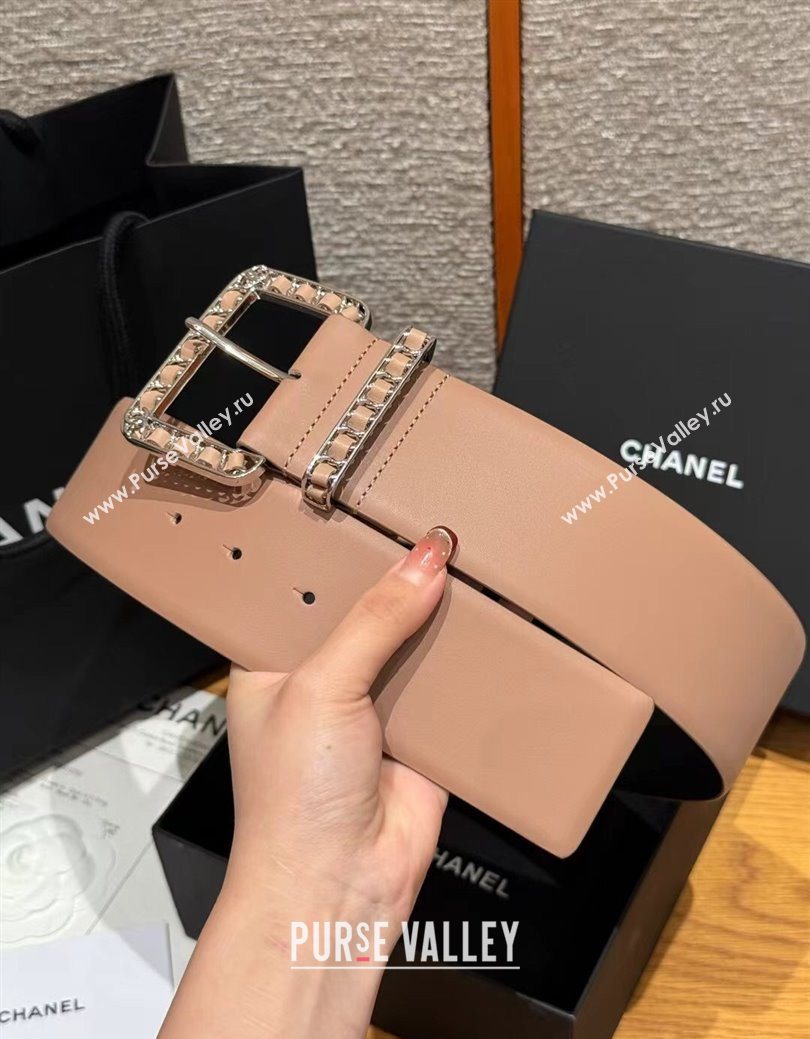 Chanel Calfskin Leather Wide Belt 5.5cm with Chain Pin Buckle Beige/Silver 2025 1231 (99-251231137)