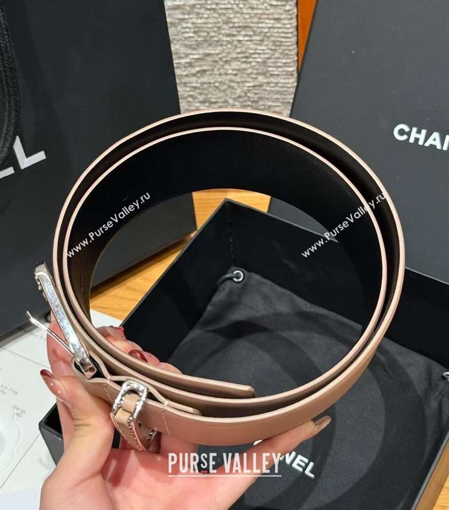 Chanel Calfskin Leather Wide Belt 5.5cm with Chain Pin Buckle Beige/Silver 2025 1231 (99-251231137)