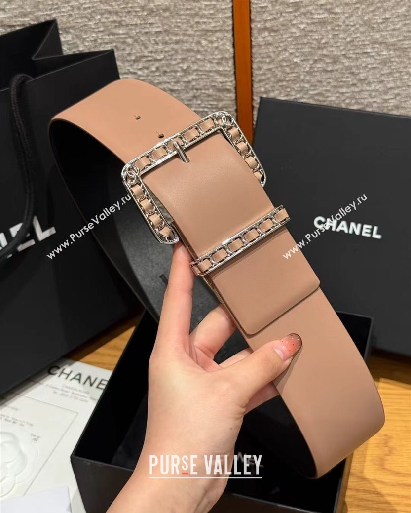 Chanel Calfskin Leather Wide Belt 5.5cm with Chain Pin Buckle Beige/Silver 2025 1231 (99-251231137)