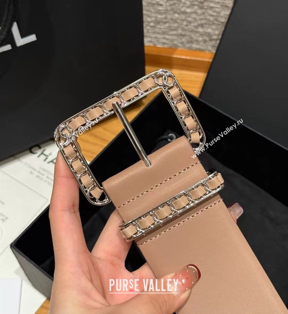 Chanel Calfskin Leather Wide Belt 5.5cm with Chain Pin Buckle Beige/Silver 2025 1231 (99-251231137)