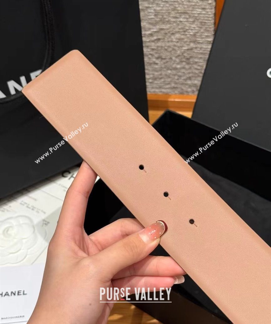 Chanel Calfskin Leather Wide Belt 5.5cm with Chain Pin Buckle Beige/Silver 2025 1231 (99-251231137)