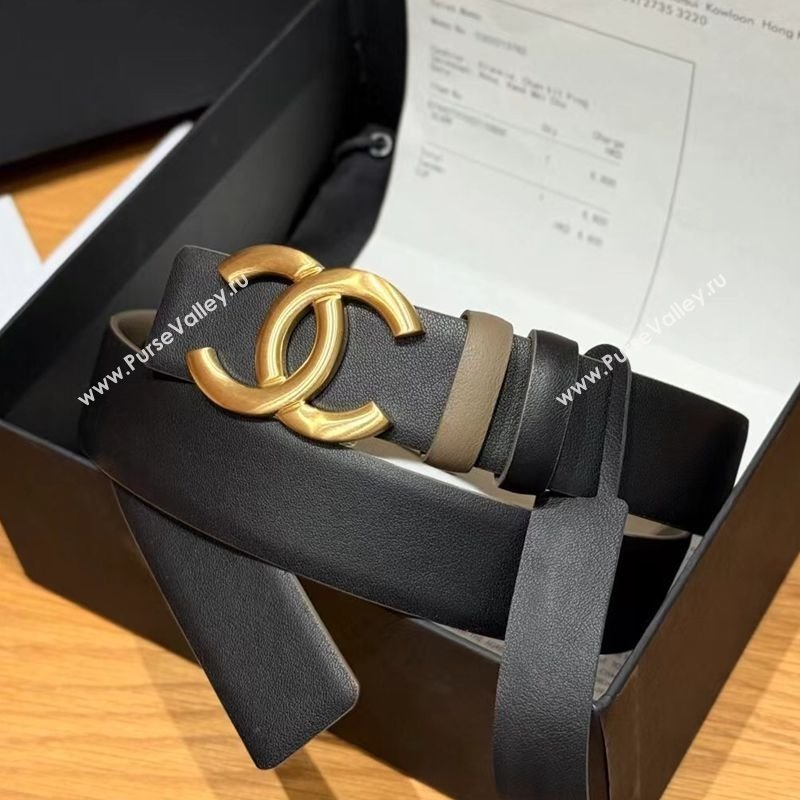 Chanel Calfskin Leather Reversible Belt 3cm with CC Buckle Black/Gold 2025 1231 (99-251231118)