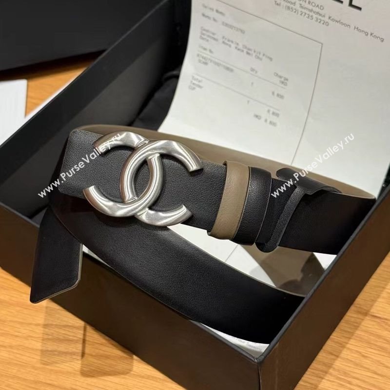 Chanel Calfskin Leather Reversible Belt 3cm with CC Buckle Black/Silver 2025 123102 (99-251231116)