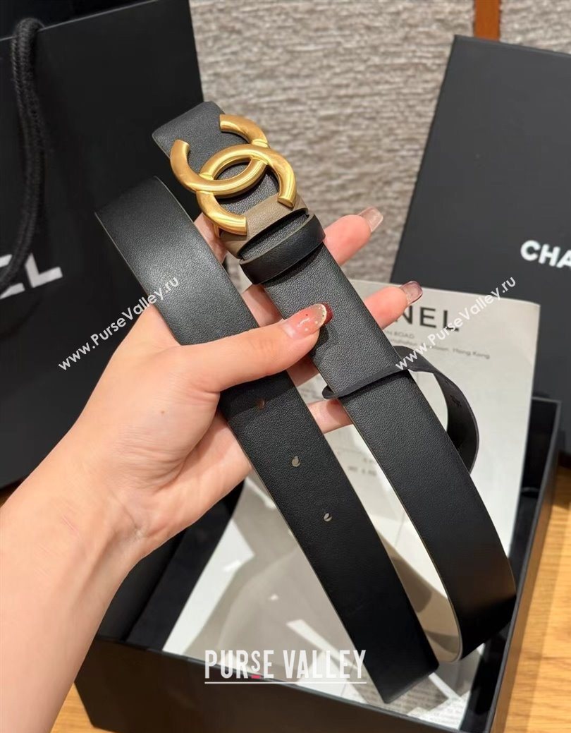 Chanel Calfskin Leather Reversible Belt 3cm with CC Buckle Black/Gold 2025 1231 (99-251231118)