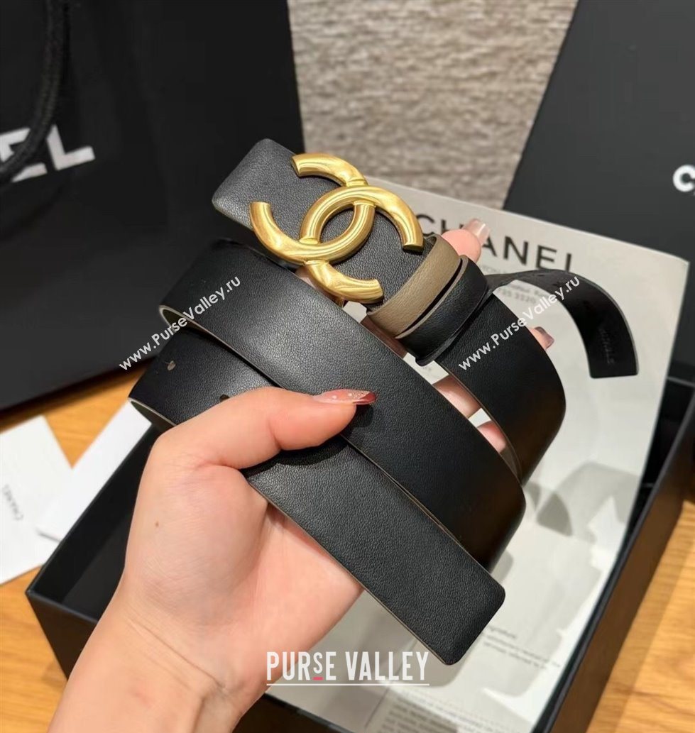 Chanel Calfskin Leather Reversible Belt 3cm with CC Buckle Black/Gold 2025 1231 (99-251231118)