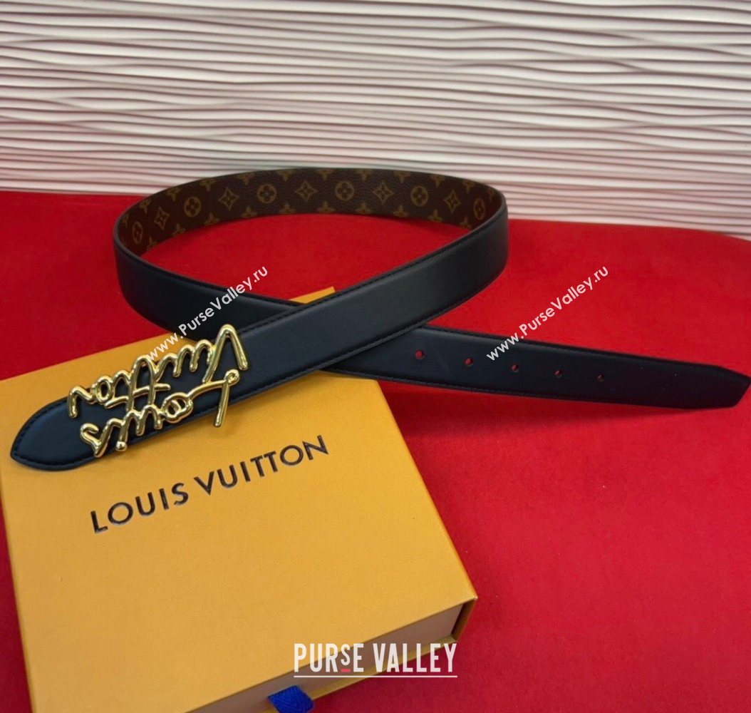 Louis Vuitton LV Script Belt 3cm in Monogram Canvas and Leather Black/Gold 2025 M4515 (99-260104002)