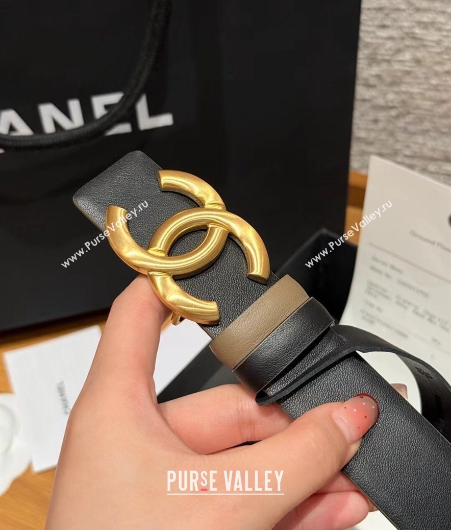 Chanel Calfskin Leather Reversible Belt 3cm with CC Buckle Black/Gold 2025 1231 (99-251231118)