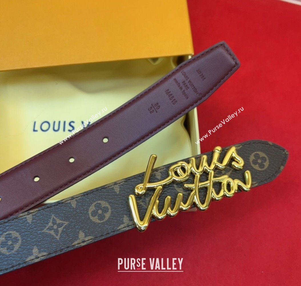 Louis Vuitton LV Script Belt 3cm in Monogram Canvas and Leather Burgundy 2025 M4515 (99-260104003)