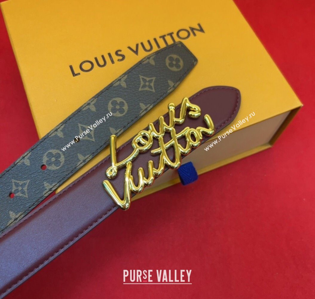 Louis Vuitton LV Script Belt 3cm in Monogram Canvas and Leather Burgundy 2025 M4515 (99-260104003)
