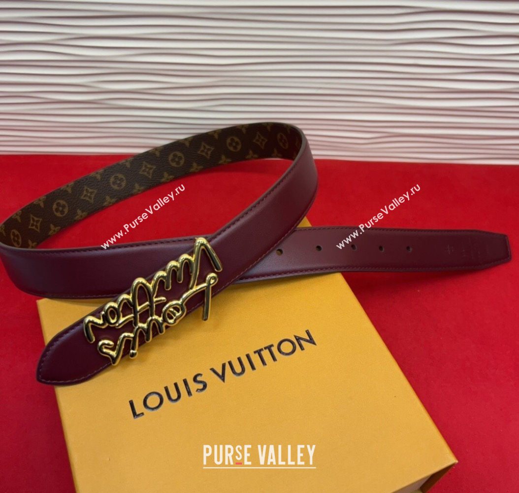 Louis Vuitton LV Script Belt 3cm in Monogram Canvas and Leather Burgundy 2025 M4515 (99-260104003)