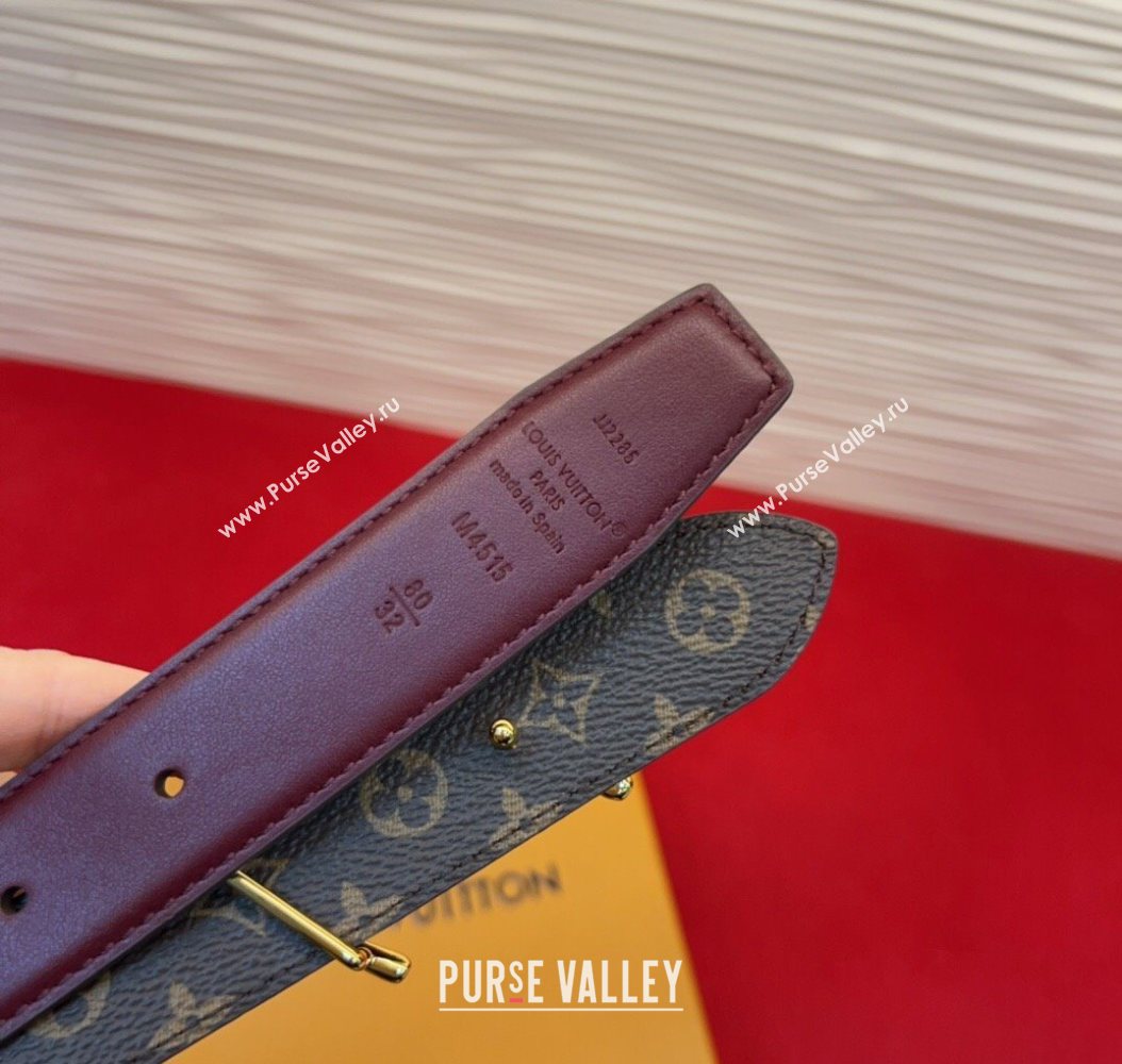 Louis Vuitton LV Script Belt 3cm in Monogram Canvas and Leather Burgundy 2025 M4515 (99-260104003)