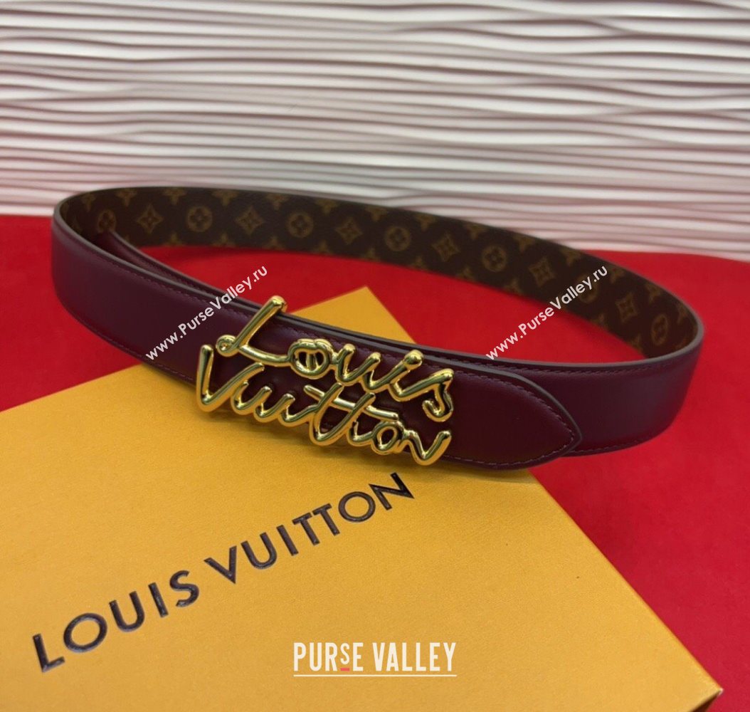 Louis Vuitton LV Script Belt 3cm in Monogram Canvas and Leather Burgundy 2025 M4515 (99-260104003)