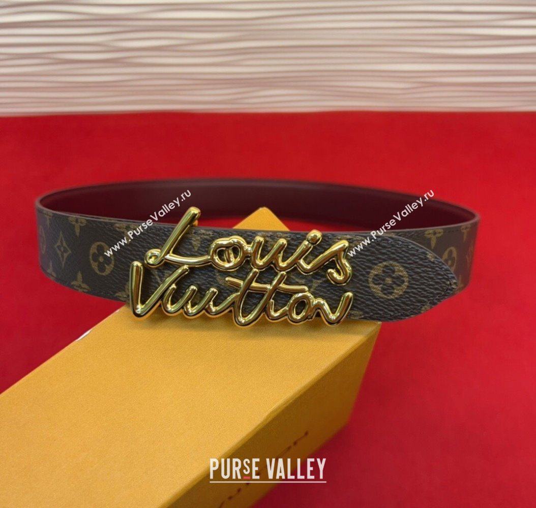 Louis Vuitton LV Script Belt 3cm in Monogram Canvas and Leather Burgundy 2025 M4515 (99-260104003)