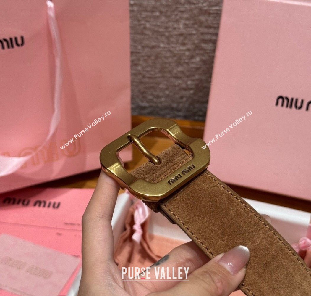 Miu Miu Belt 3.5cm in Suede and Calfskin Leather Light Brown/Gold 2025 MM26010401 (99-260104029)