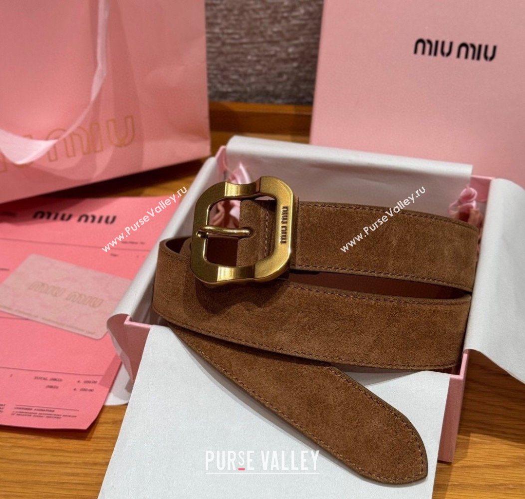 Miu Miu Belt 3.5cm in Suede and Calfskin Leather Light Brown/Gold 2025 MM26010401 (99-260104029)