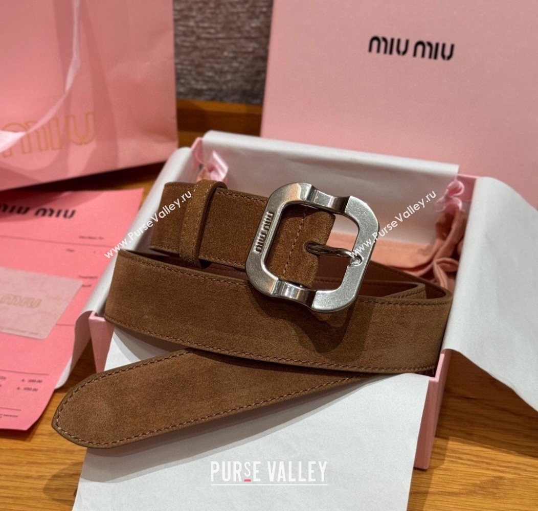 Miu Miu Belt 3.5cm in Suede and Calfskin Leather Light Brown/Silver 2025 MM26010401 (99-260104030)